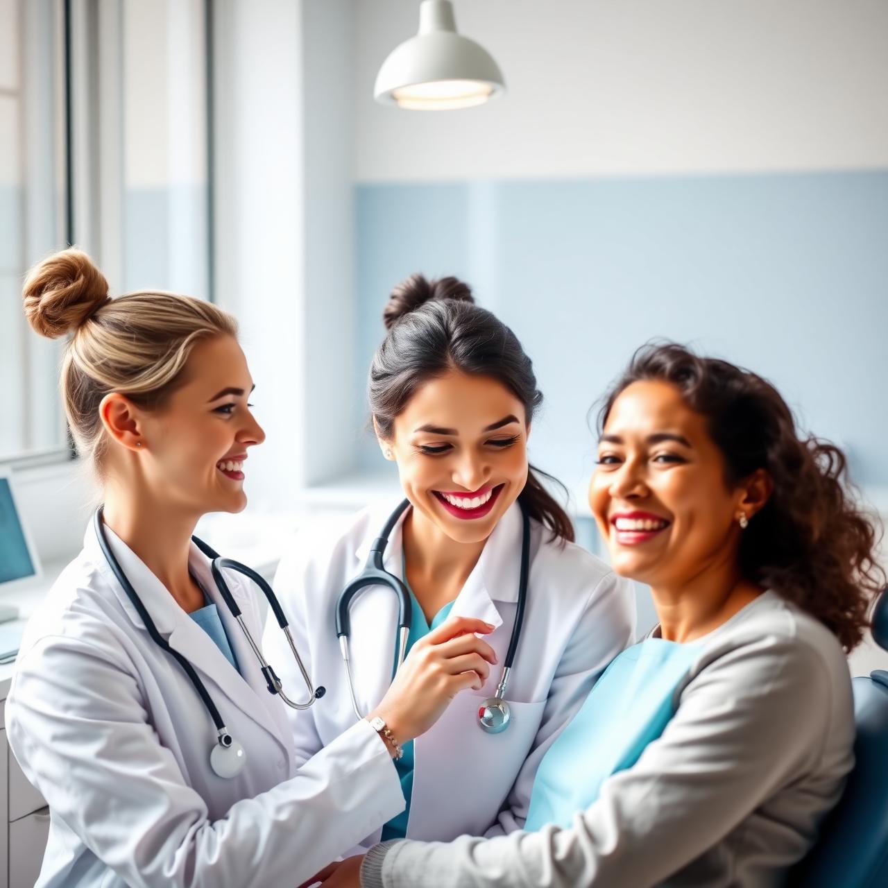 Female dentist with smiling child patient and mother in a bright modern clinic